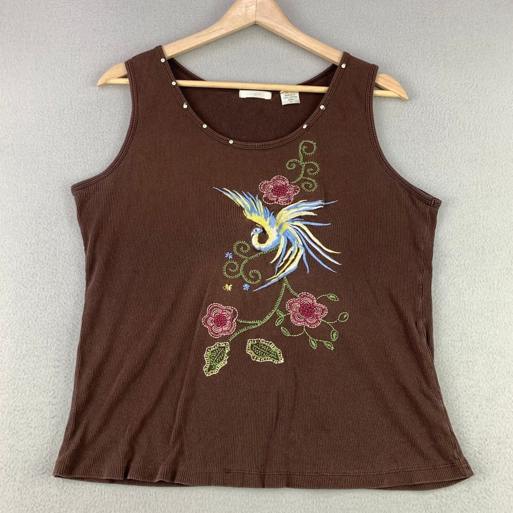 Y2K Calyso Bird Floral Embroidered Tank Top Women XL Brown Boho Ribbed Cotton